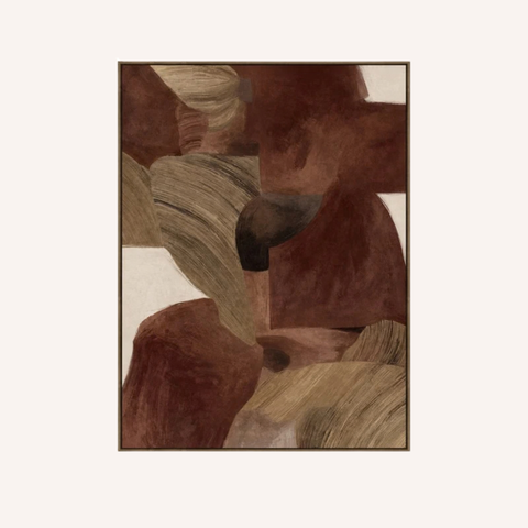 Ada hand-painted organic abstract framed canvas in terracotta, brown and neutral tones, 90x120cm, walnut veneer frame