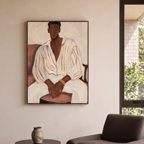 Rich hand-painted figurative framed canvas of a seated figure in warm earthy tones, 60x80cm, walnut veneer frame