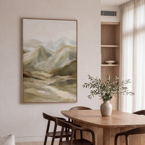 Ridge hand embellished mountain landscape framed canvas in beige and olive tones, 80x120cm, natural veneer frame