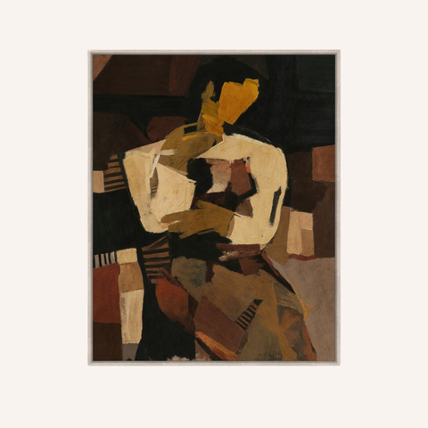 Riley hand embellished figurative abstract framed canvas in rich earthy tones, 80x100cm, natural veneer frame