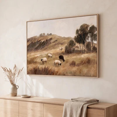 Rome hand embellished pastoral landscape framed canvas with grazing sheep and rolling hills, 120x80cm, natural veneer frame
