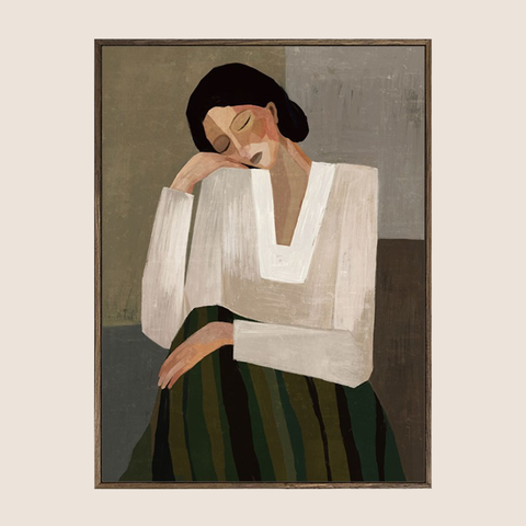 Rue hand-painted figurative framed canvas with stylised seated woman, 60x80cm, walnut veneer frame"
