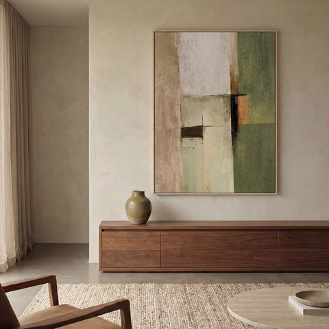 Ruel hand-embellished minimalist abstract framed canvas in muted greens and earthy tones, 100x140cm