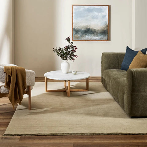 Sandringham floor rug in Fog colourway, styled in a living room