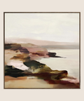 Serenity hand embellished framed canvas, coastal cliff inspiration in earthy tones, 100x100cm