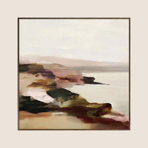 Serenity hand embellished framed canvas, coastal cliff inspiration in earthy tones, 100x100cm