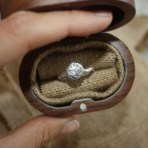 Silver Fern Ring in handcrafted walnut wood box