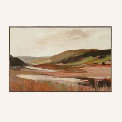 Soft Horizon hand-painted landscape canvas with layered brushstrokes, 140x90cm, walnut veneer frame