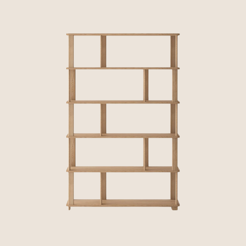 Sola solid oak asymmetrical bookshelf with rounded edges, 120x186cm, front view