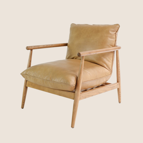 Solara tan leather and ash wood lounge chair with woven cord detail, front view