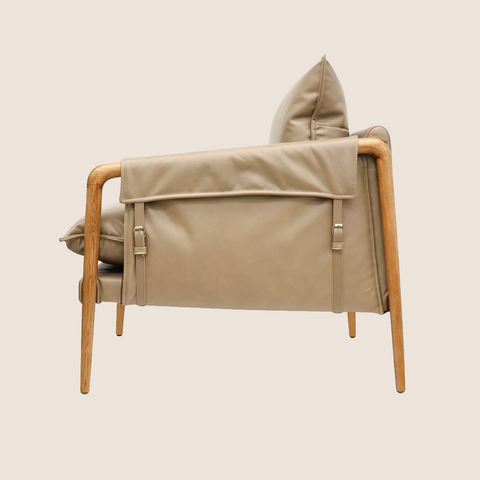 Spur Armchair Beige leather, side view showing rubberwood frame