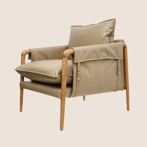 Spur Armchair in Beige top grain leather, front and side view