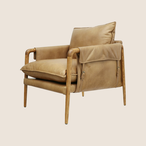 Spur Armchair in Tan top grain leather, front and side view
