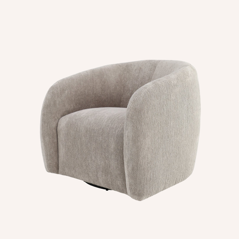 Ted Swivel Chair in Chinchilla, side view showing curved silhouette