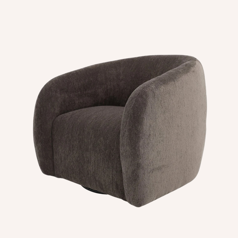 Ted Swivel Chair in Pinecone, side view showing curved silhouette