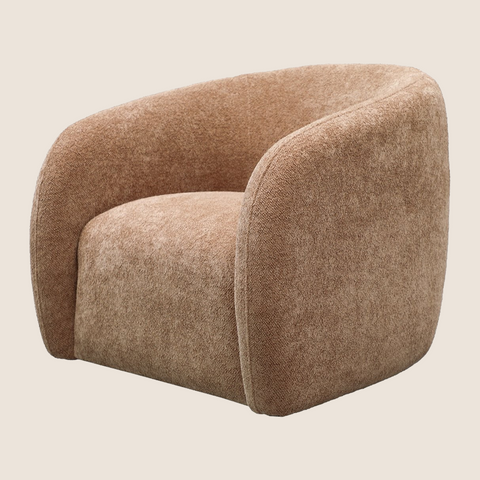 Ted swivel chair caramel, front view showing curved form and tapered arms