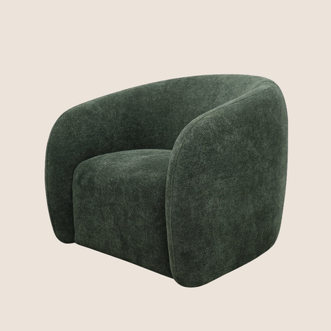 Ted swivel chair green, front view showing curved form and tapered arms