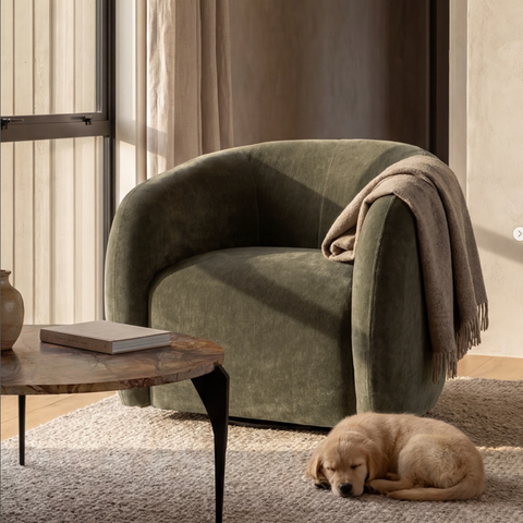 Ted swivel chair in moss textured polyester, front view
