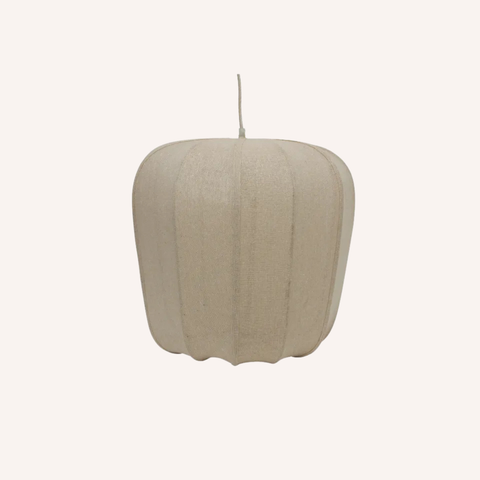 A ribbed, bell shaped pendant light in a textured beige fabric, suspended by a thin cord against a solid off-white background.