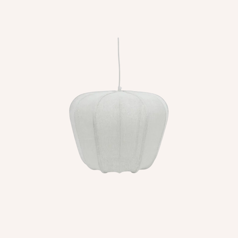 A white textured fabric pendant lampshade with a ribbed,  bell silhouette and a thin white hanging cord, shown against a solid off-white background.