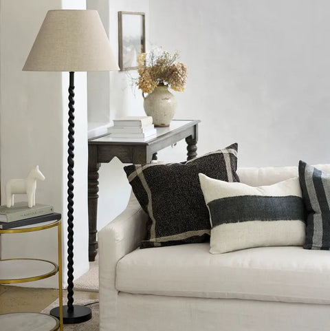 Twist matte black aluminium sculptural floor lamp with twisted base, 126cm, front view