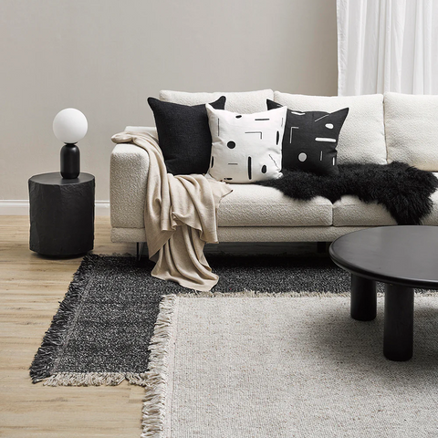 Ulster White & Black rug top view showing flatweave texture
