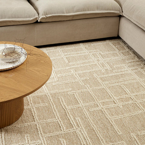 Vista Natural 100% wool floor rug with raised architectural line-work design, styled in a living room