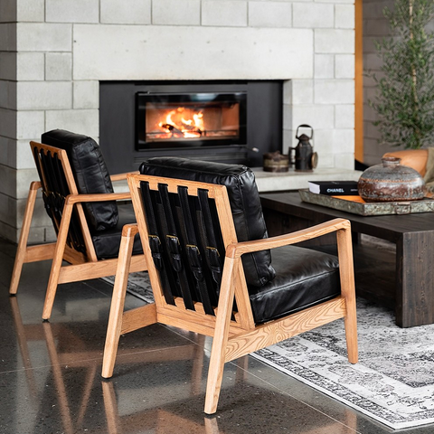 Wanaka Armchair in Black Leather and Ash Frame, styled in a contemporary interior