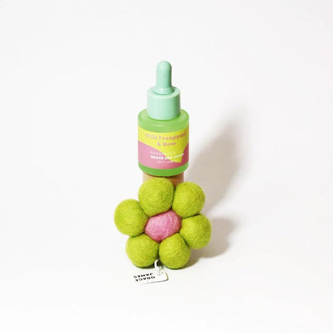 Wild Frangipani & Rose fragrance dropper bottle with felt flower diffuser