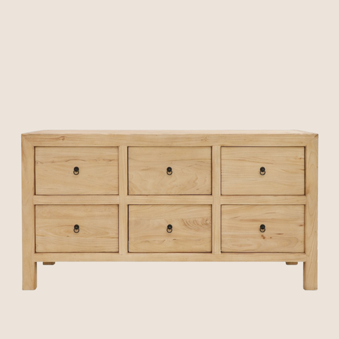 Willow reclaimed elm six-drawer dresser with metal ring pull handles, 160cm, front view