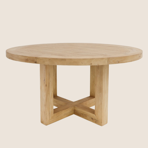 Willow round reclaimed elm dining table with cross-base design, 150cm diameter