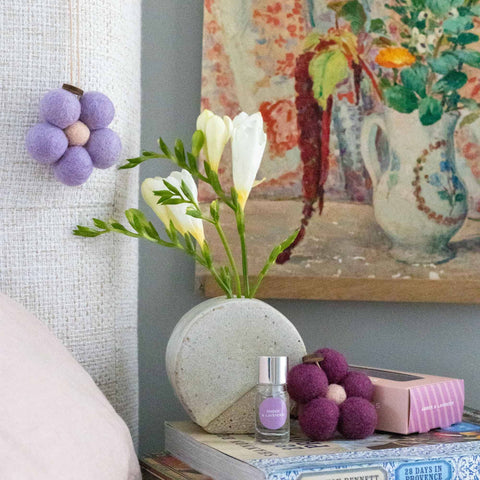 Wool bloom air freshener styled in a bathroom — calming lavender scent diffuser
