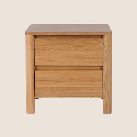Yumi bedside table detail showing two-drawer configuration