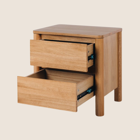 Yumi bedside table side profile showing oak grain and minimalist silhouette