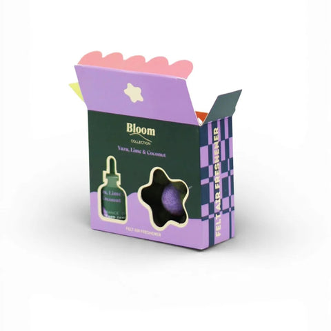 Yuzu, Lime & Coconut air freshener packaging with Bloom branding
