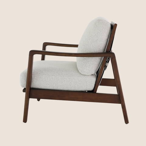 armchair brass buckle fabric strap backrest detail, side view