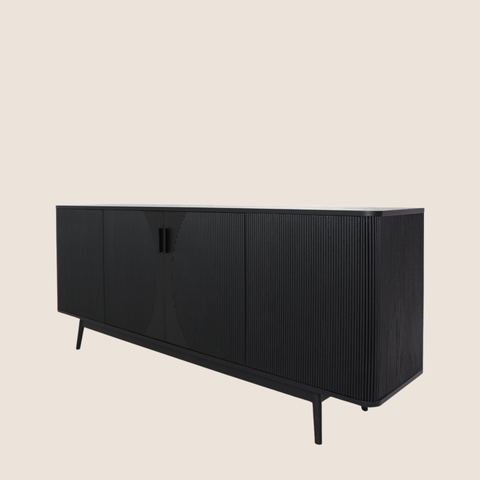 black oak sideboard metal pull handle and door panel detail