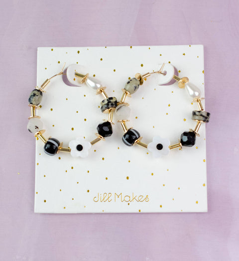 B & W Beaded Hoop Earrings