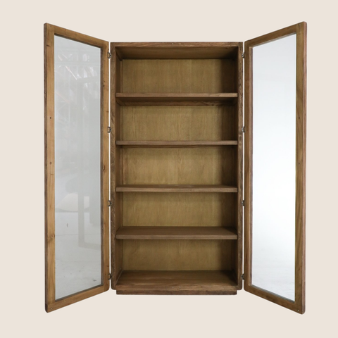 cabinet metal pull handles and curved edge detail, reclaimed elm