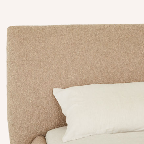 Curve Bedframe in Beige boucle, close-up of upholstery texture