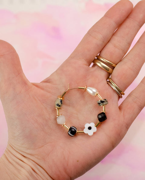 B & W Beaded Hoop Earrings