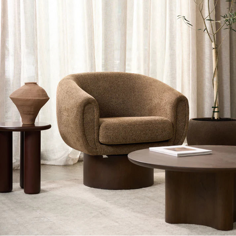 egan swivel chair in Espresso fabric with solid wood swivel base, front view