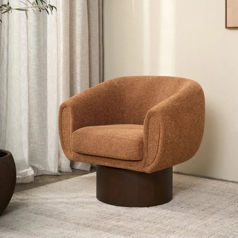 egan swivel chair in brick fabric with solid wood swivel base, front view