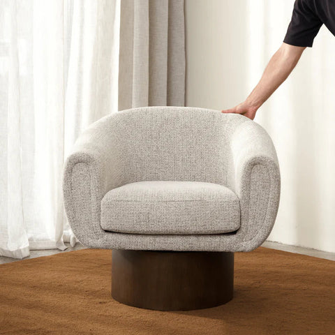 egan swivel chair in moon fabric with solid wood swivel base, front view