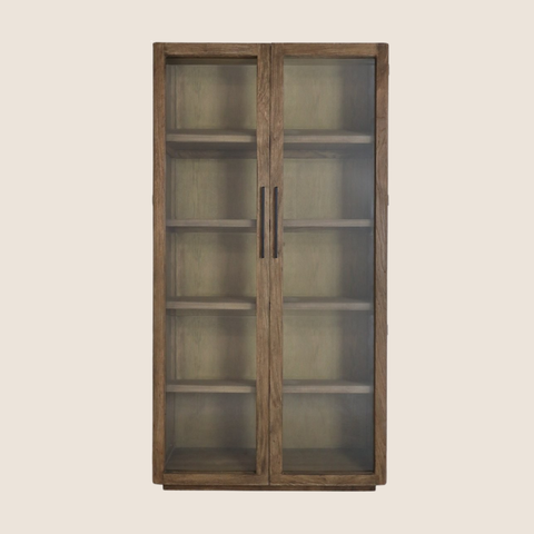 full-height reclaimed elm glass display cabinet in walnut brown, 210cm tall