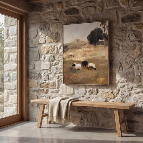 hand embellished framed canvas print of rural pastoral scene with grazing sheep, 80x100cm