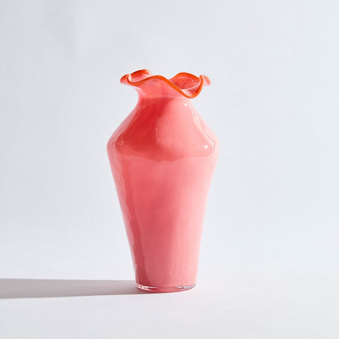 Melody Pink Vase, handcrafted glass with ruffled rim