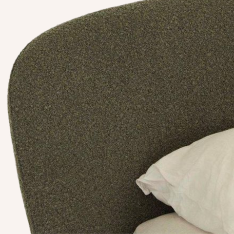 Mondo Bed in Moss boucle, close-up of upholstery texture