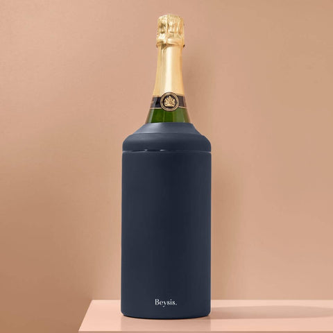 Navy Wine Cooler with a wine bottle inside