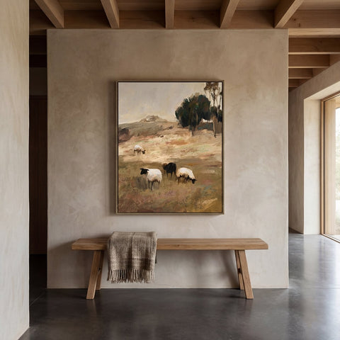 pastoral canvas styled on a wall with walnut veneer frame in a contemporary interior